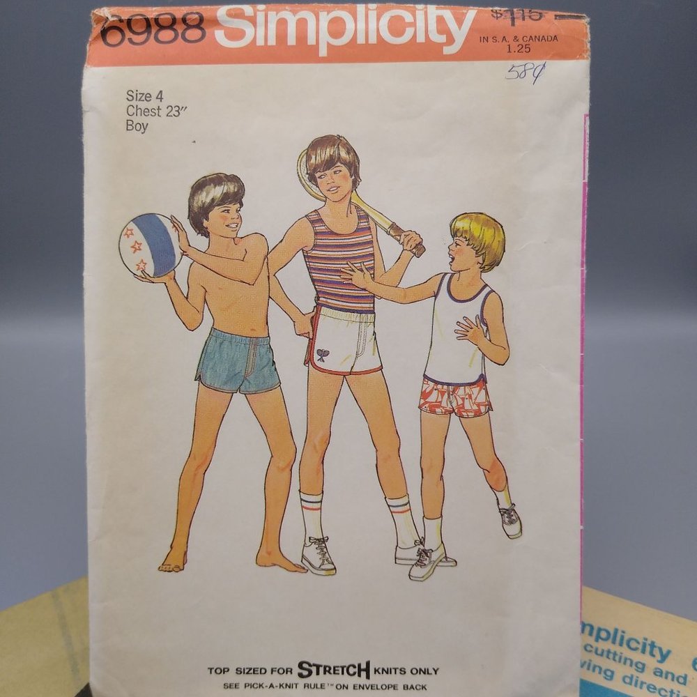 Vintage Sewing PATTERN Simplicity 6988, Childrens Stretch Knit 1975 Boys Shorts